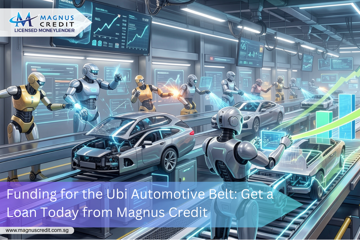 Futuristic automotive assembly line with robots assembling cars, featuring a Magnus Credit logo and marketing text for loans in the Ubi Automotive Belt, Singapore.