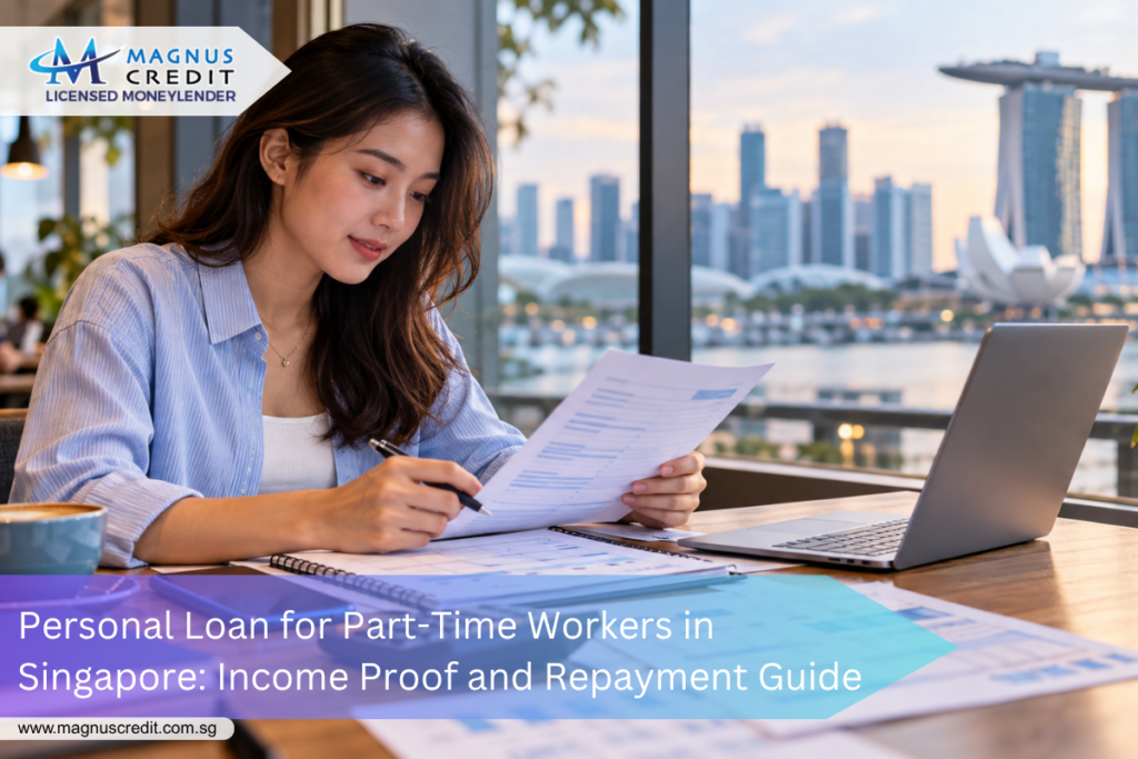 Part-time worker reviewing income documents for a personal loan application in Singapore.